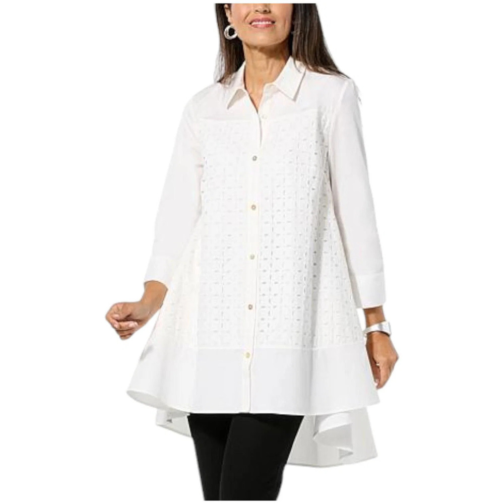 WynneCollection Women's Eyelet Combo Drama Tunic White - Regular